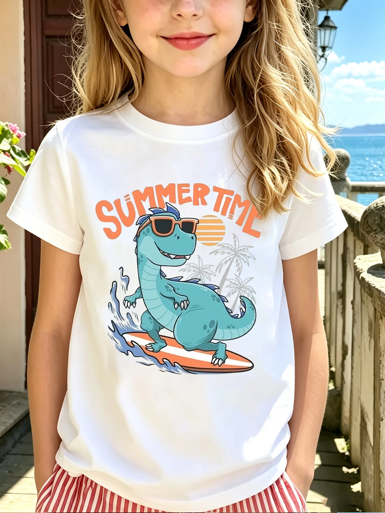 Summertime Surfing Dinosaur With  Cartoon Graphic Family Matching T Shirt Boys Girls Short Sleeve Summer Crew Neck Casual Tops