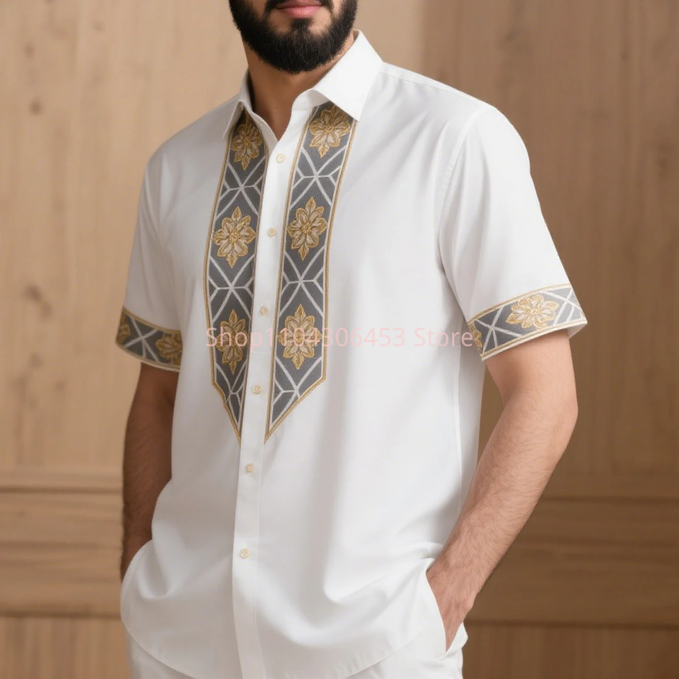 Men Simple Retro Fashion Ethnic Pattern 3D Printed Short-sleeved Lapel Shirt Light Breathable Light Color Business Casual Party