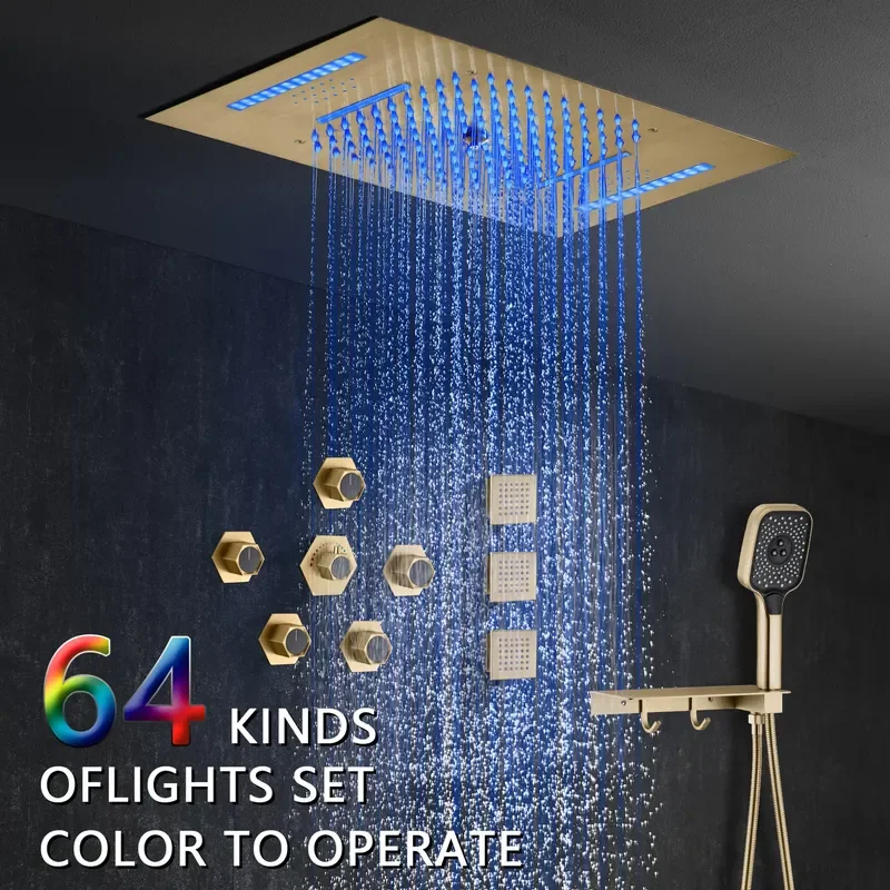 NEW 5 Functions Bathroom Shower Faucet Brush Gold 64 Color Wall Mounted Thermostatic Shower Set With Music