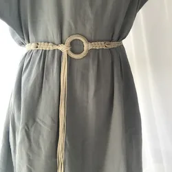New wax rope weaving woman belts for dress fine tassels knotted waistband round buckle braided woven waist chain ladies straps