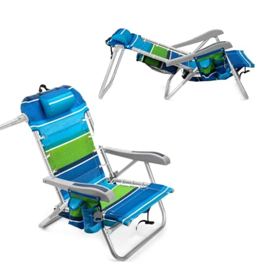 

Fold-Up Beach Chair with 5 Positions Towel Bar Cooler Storage Pouch Cup Holder and Phone Pocket in Blue for Outdoor Use Durable