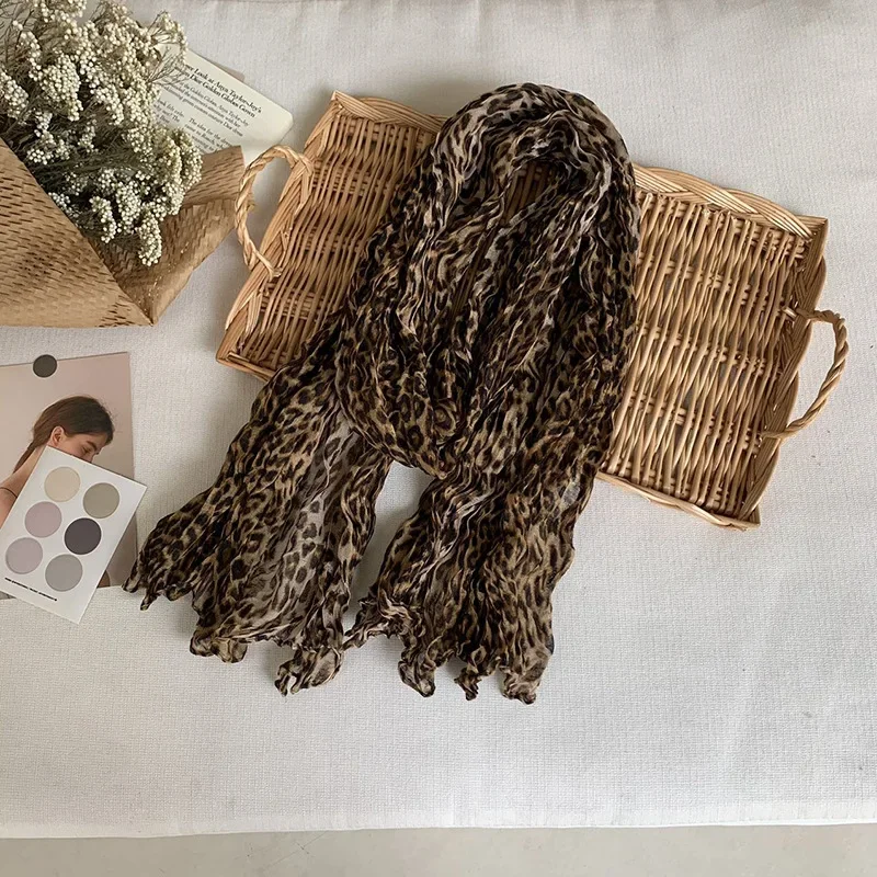 Leopard Print Crinkled Scarf, Vintage Soft Cotton Linen Texture Scarf, Multi-use Head Wrap Shawl for Women