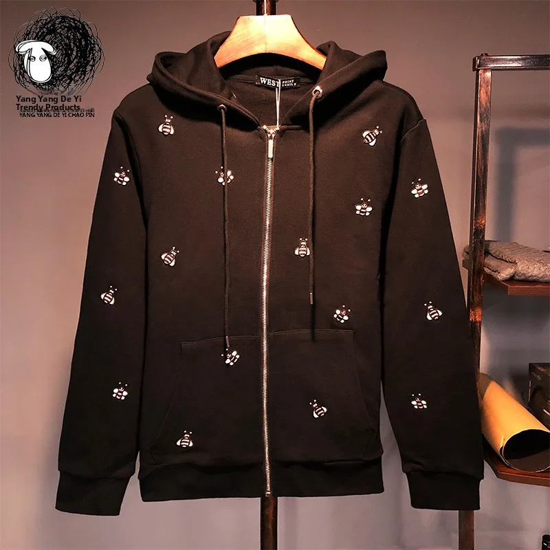 

Худи из чистого хлопка с вышивкой пчелы, длинный рукав, молодежный уличный стиль, зимняя верхняя одежда, кардиган на пуговицах