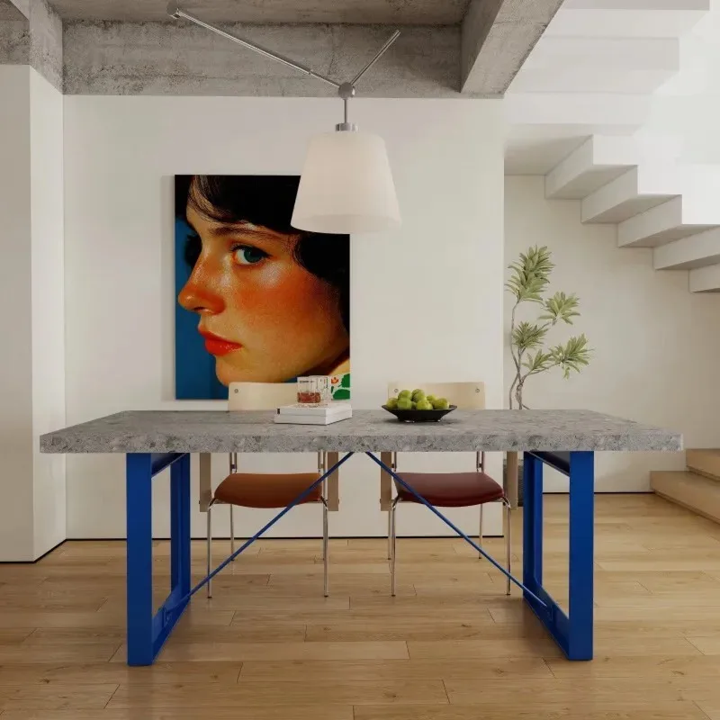 

High-end rectangular ins Internet celebrity minimalist table, terrazzo rock slab + royal blue table legs 75cm 140x80x