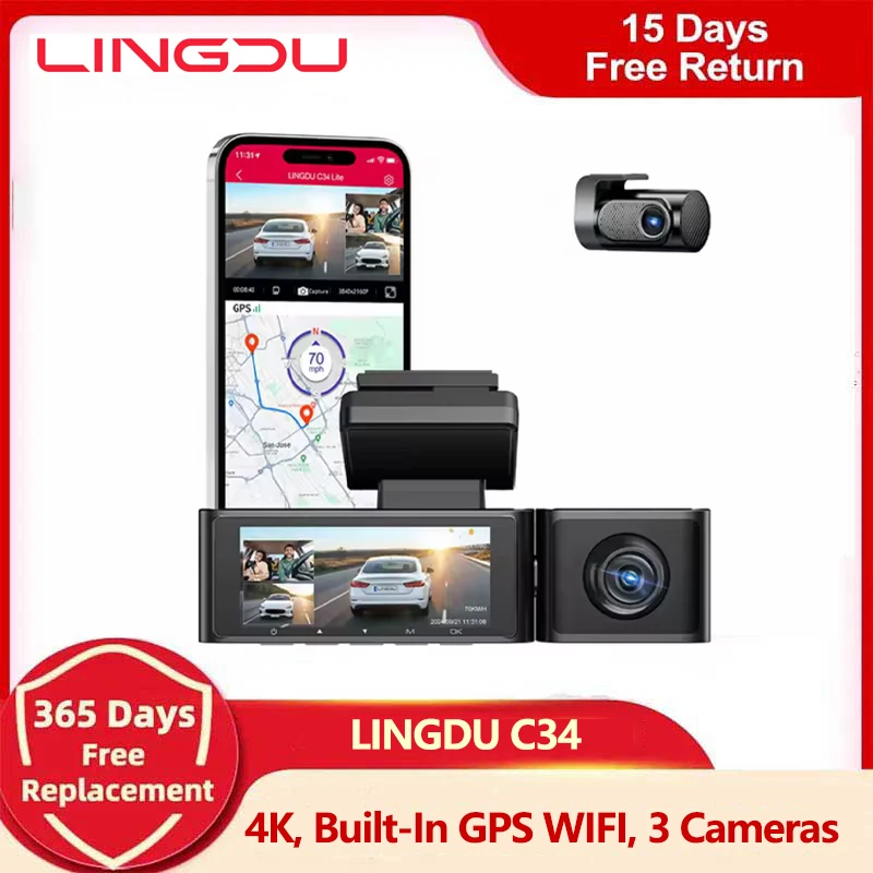 

Upgrade LINGDU 3 Channel Car DVR Dash Cam 4K WiFi 3 Cameras Front/Cabin/Rear Cam GPS Night Vision 24H Parking Monitor داش كا