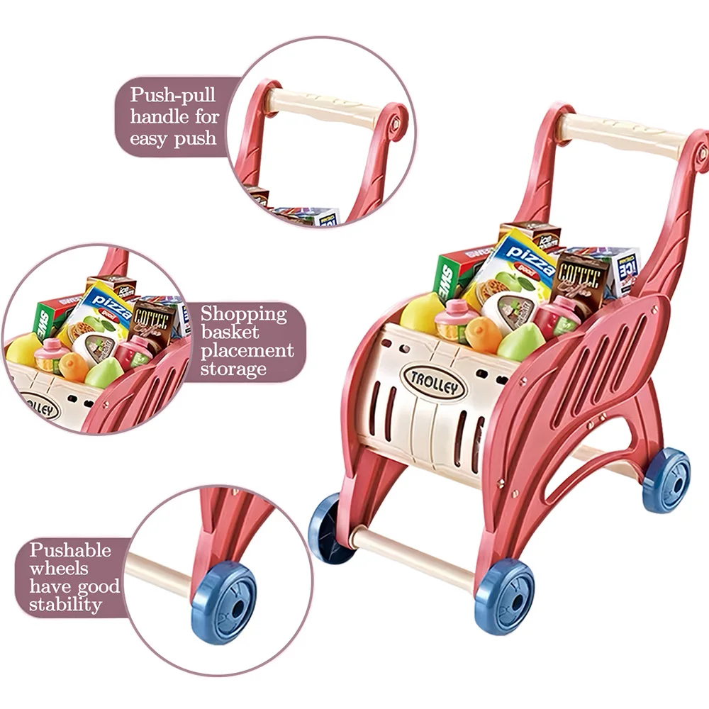 لعبة عربة التسوق في السوبر ماركت للأطفال مع عربة ومجموعة طعام 40 قطعة مجموعة لعب الحلوى المحاكاة هدية للفتيات والأولاد