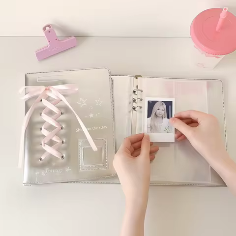 Balletcore A5/A7 Binder Notebook Cover Korean Style Bow Loose Leaf Photo Album Cover Silver 6 Ring Binder Photocard Cover Notes