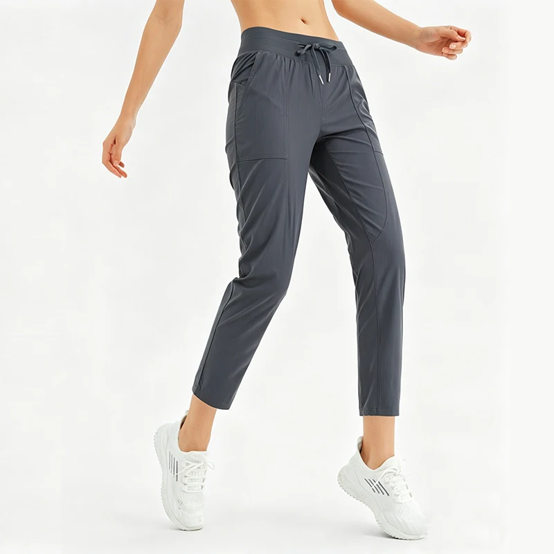 Women's High Waist Straight Leg Capris Quick Dry Breathable Drawstring Pants with Pockets for Outdoor Running Gym Workout