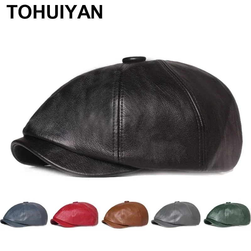 New Women PU Leather Beret Hat Solid Gatsby Octagonal Hats Retro British Newsboy Cap Men Outdoor Universal Casual Peaked Caps