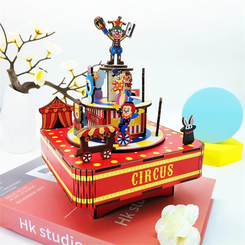 DIY Circus Music Box Wooden Model Building Kits 3D Jigsaw Puzzles Assembly Toys for Children Birthday Gifts Home Decoration