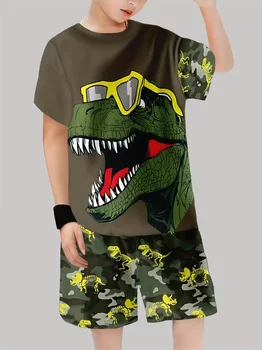 Dinosaur Striped Shirt Shorts Set 1