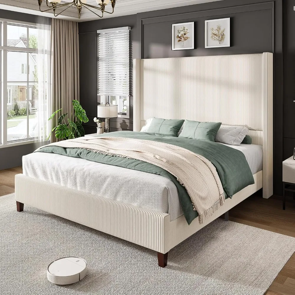 Luxurious Platform Bed with Extra Tall Wingback Headboard and Vertical Stripe, No Box Spring Needed/Solid Wood Slats & Legs