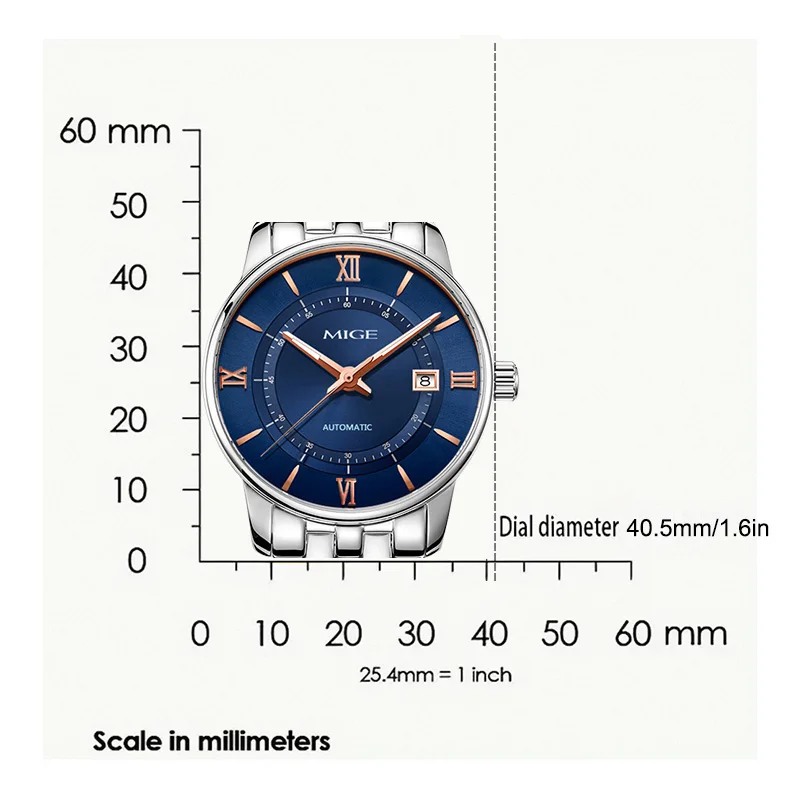 MIGE Brand Watches for Men Automatic Self Winding Mens Watch Stainless Steel Calendar Waterproof Men Mechanical Wristwatches