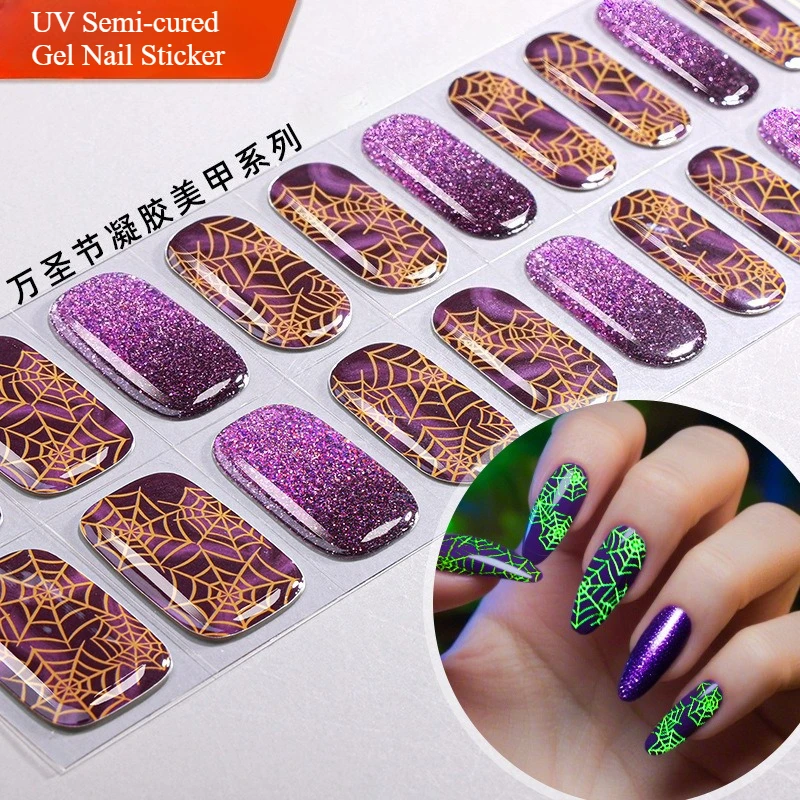 

20 наклеек на Хэллоуин, УФ-полуотделенная гелевая наклейка для ногтей, водостойкая флуоресцентная вспышка, светящаяся наклейка для ногтей