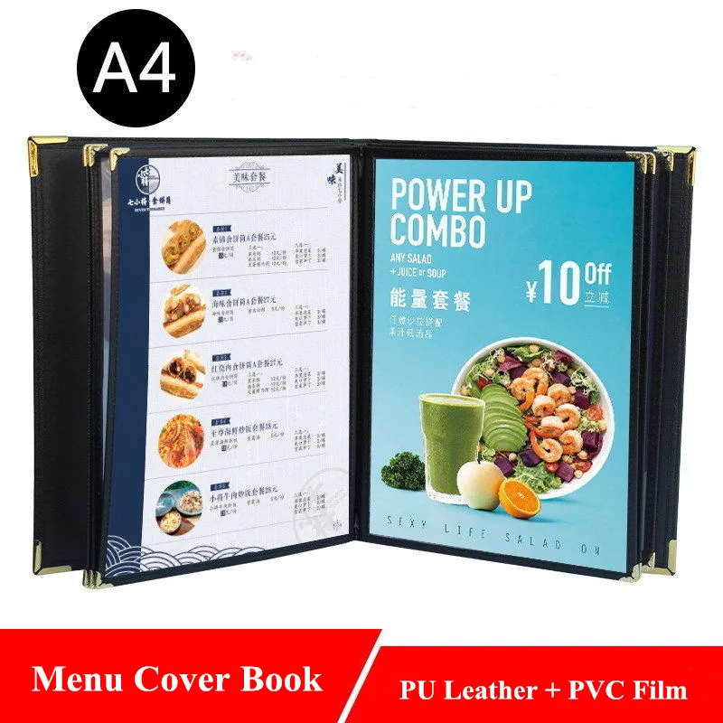 A4 Double Stitched Folder 6 Pages 12 Views PU Leather Menu Covers 8.5x11 Inches Bar Restaurant Menu Paper Holder Book