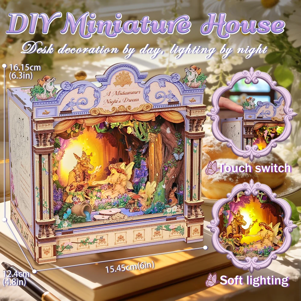 CUTEBEE Midsummer Dream DIY Book Nook Kit LED Miniature Wooden Dollhouse for Adults 3D Puzzle Bookshelf Insert Decor Craft Gift