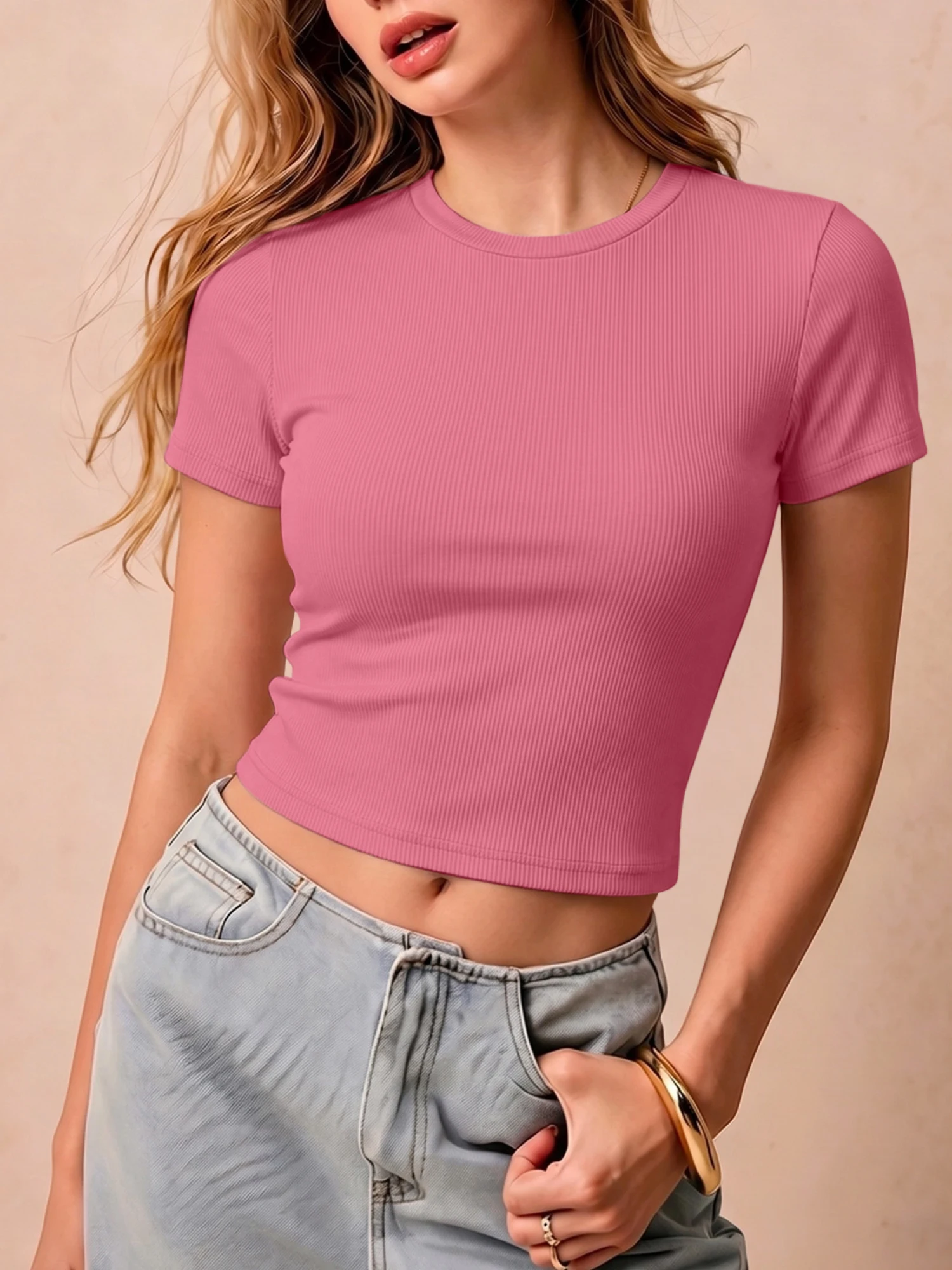 Edgy Y2K Ribbed Cropped Short‑Sleeve Blouse, Figure‑Flattering Crew‑Neck Tee for Club Nights & Summer Party OOTDs