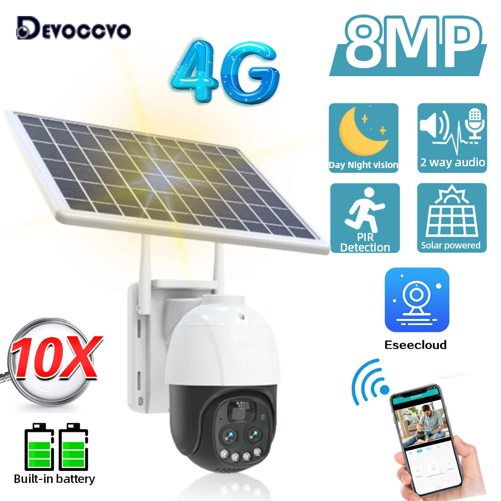 Dual Lens 10X Zoom 4K PTZ  Security Solar 4g Camera 2 Way Audio PIR Detection Outdoor CCTV Surveillance Wireless IP Camera 8MP