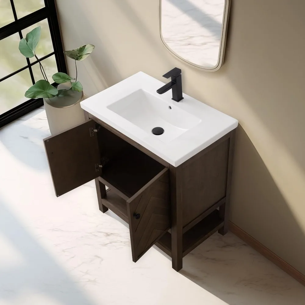 "24-30" Bath Vanity Set - Integrated Porcelain Sink, Complete Storage Cabinet for Bathroom"