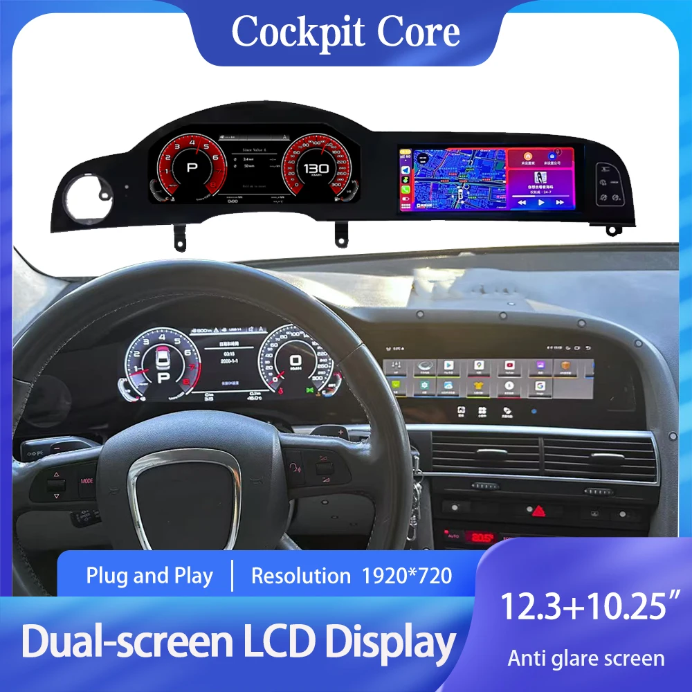 

Digital Instrument Cluster For Audi A6 A6L C6 4F 2005-2012 Dual-screen Speedometer Android radio, CarPlay, GPS navigation
