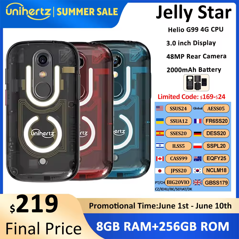 סמארטפון מיני Unihertz Jelly Star עם מערכת הפעלה אנדרואיד 13, 8GB זיכרון פנימי ו-256GB תאורת LED, פתיחה פתוחה ושקופה, מצלמה אחורית ברזולוציה של 48 מגה פיקסל וטלפון בגודל 3 אינץ'