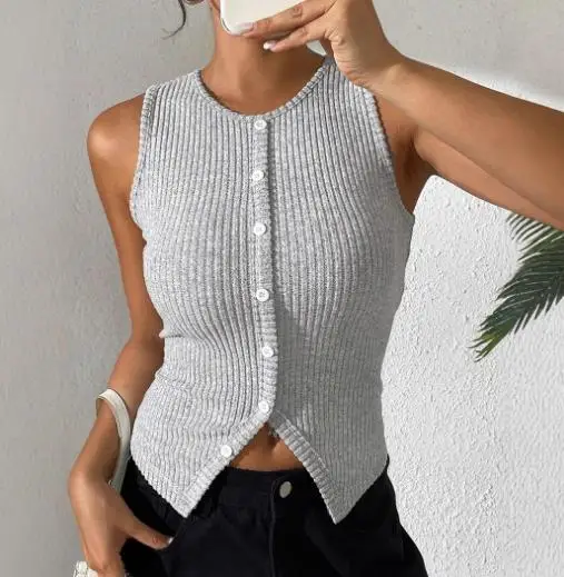 

2025 Women's Summer Casual Comfortable Slim Fit Decorative Button Sleeveless Vest Top