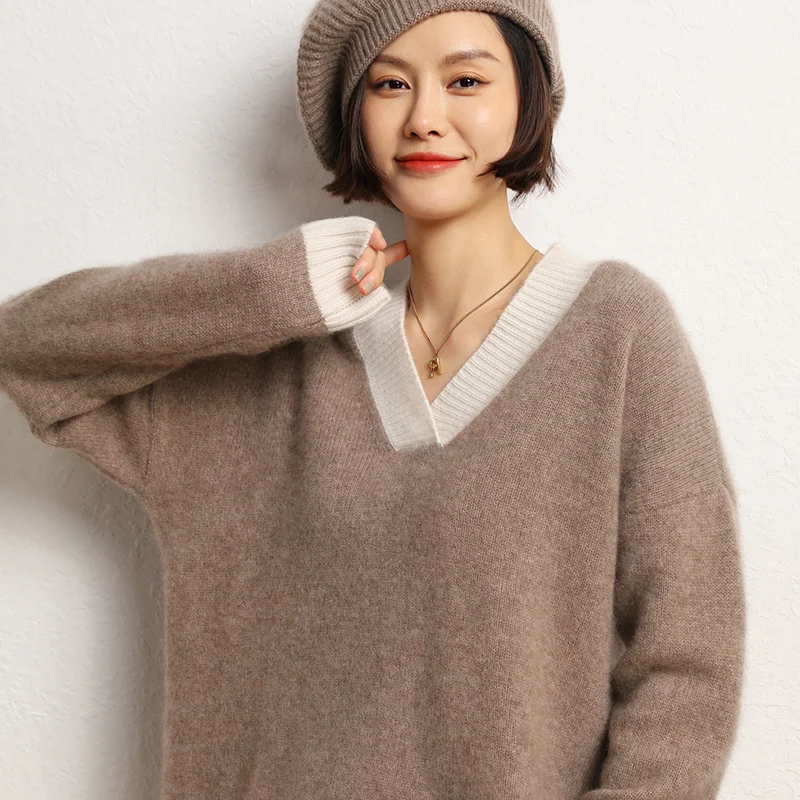 

Autumn Winter 100% Cashmere Sweater V-Neck Women's High Quality Soft Loose Thickened Knitted Pullover Fashion Clothes Girls Tops