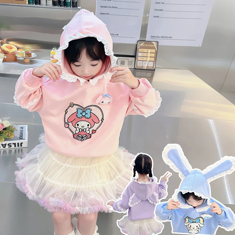 Girls Kuromi Hooded Sweatshirt Cartoon Sanrios My Melody Cinnamoroll Kids Sweatshirt Fashion Tops Cute Gauze Kids Autumn Clothes