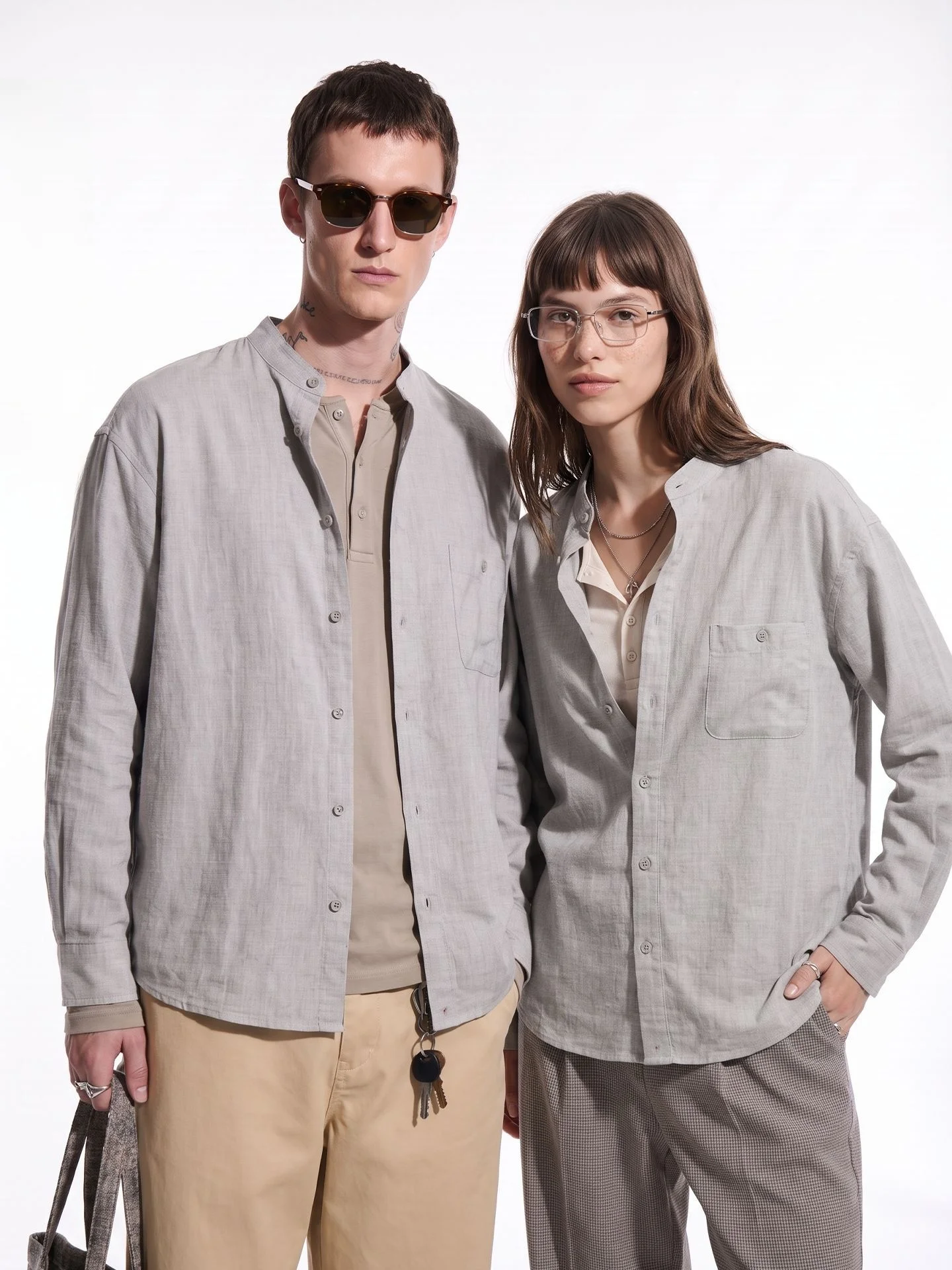 Mandarin Collar Linen Textured Long Sleeve Casual Shirt New Arrival Old Money Style Patch Pocket Outerwear Couple Matching