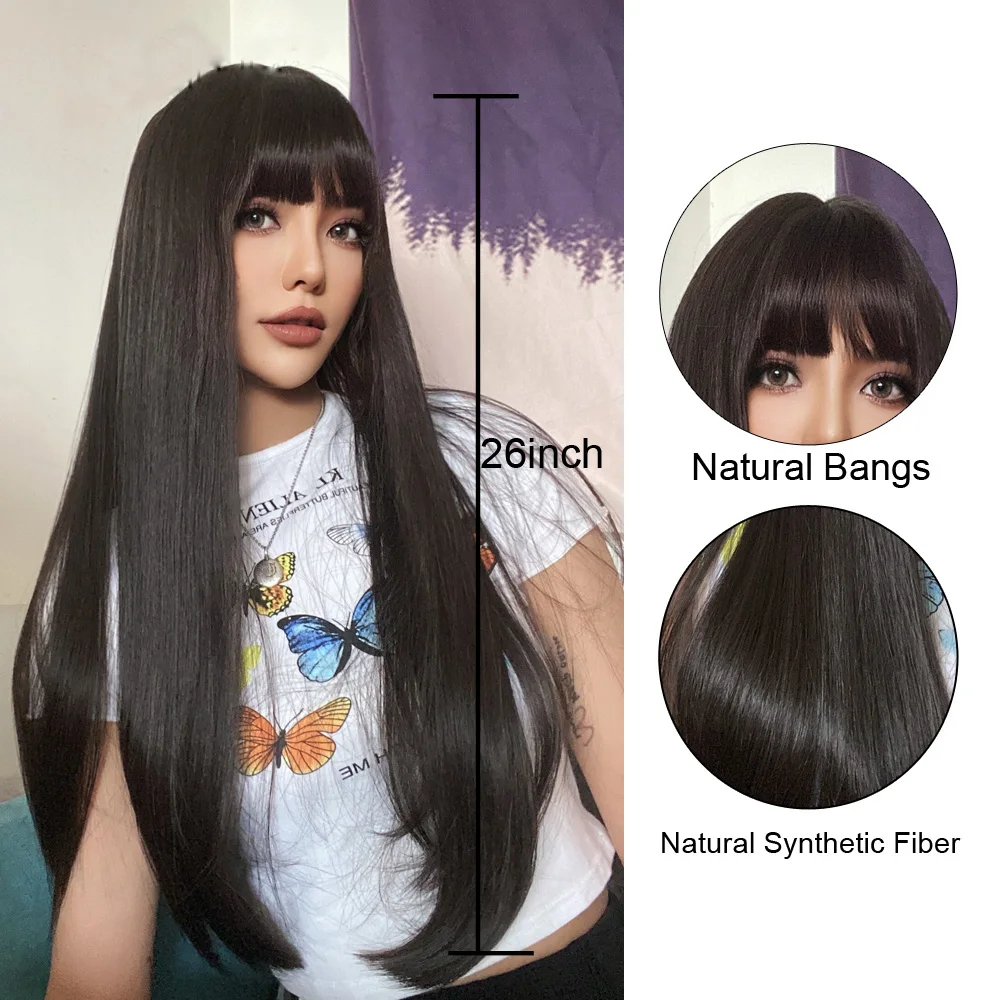 Sivir Perucas Sintéticas Para As Mulheres Longo Cabelo Liso Sedoso com Franja Castanho-Cor Preta Resistente ao Calor Diário/Festa/Cosplay