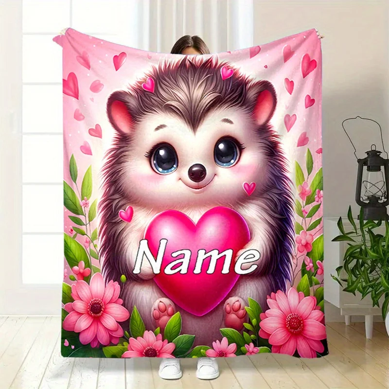 Personalized customized name hedgehog and heart-shaped flannel blanket, suitable for napping, camping, sofa, festival decoration