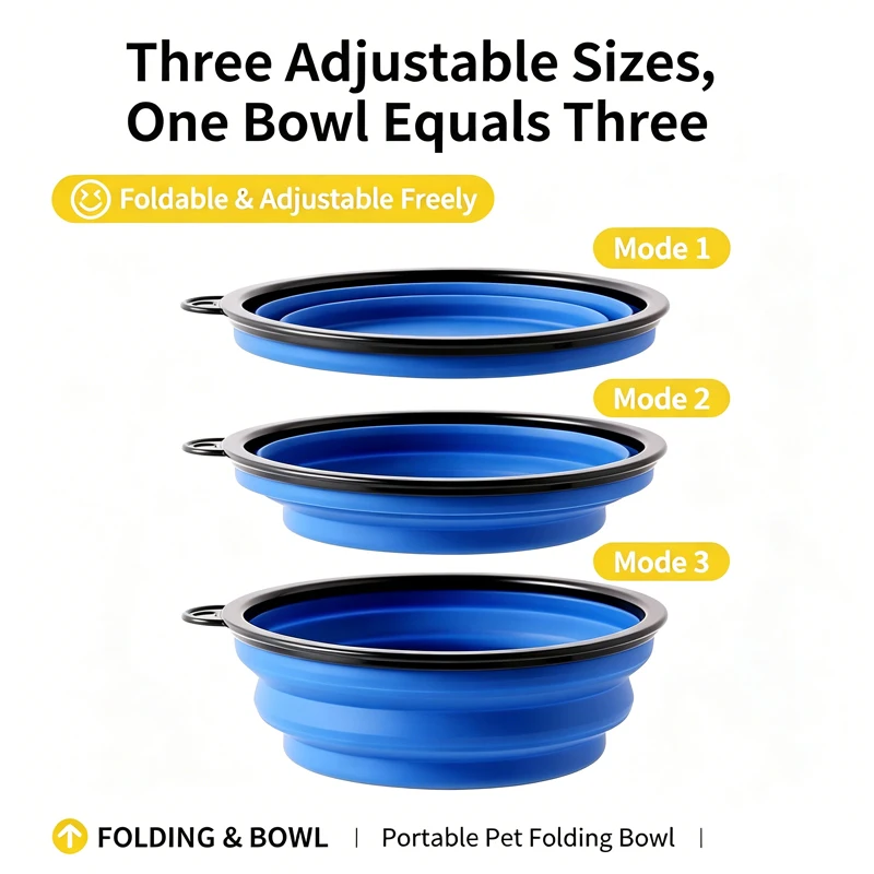 Adjustable 3-Level Foldable Silicone Pet Bowl, Collapsible Dog Cat Water Food Feeder, Portable Travel Bowl with Carabiner