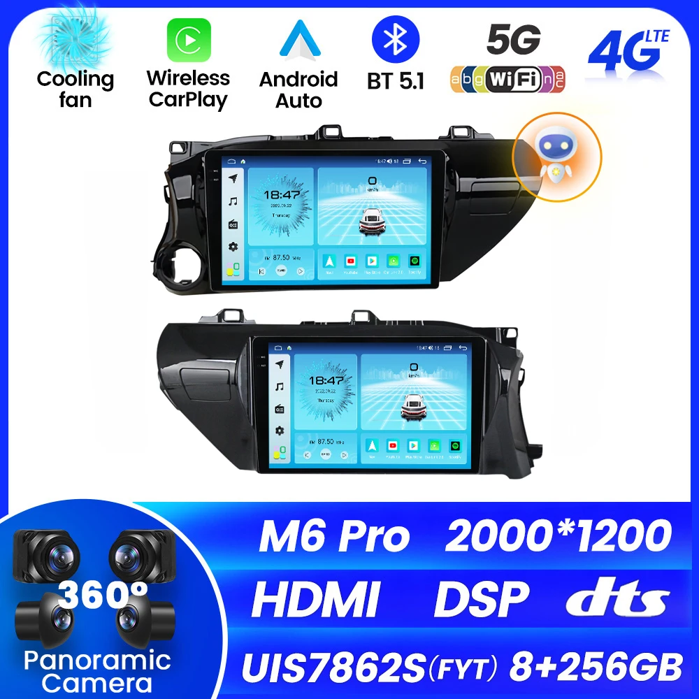 M6 PRO Android 12 QLED Car Multimedia Audio System for Hilux 2015 2020