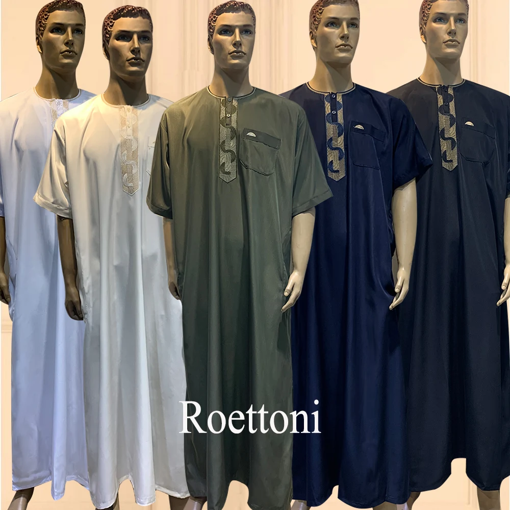 Roettoni Matt Fabric 1 Piece Morocco  Muslim Men's Jubba Thobe Kaftan Prayer Long Dress Embroidered Maxi Robe Saudi Arabic Cloth