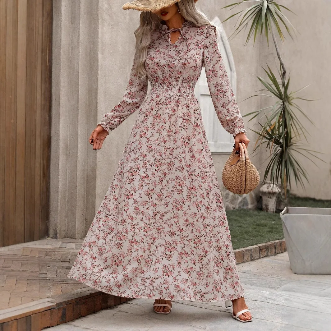 

2026 Women's Floral Maxi Dress with Bow Tie Neck and Bell Sleeves Boho Ruffle Beach Long Dress Set Summer Vacation Outfit