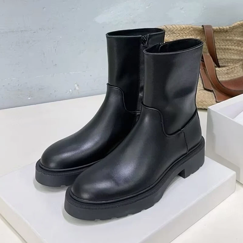 Patent Leather Thick Heels Short Boots Women Side Zipper Design Solid Color Ankle Botas  Autumn Winter Versatile Riding Boots