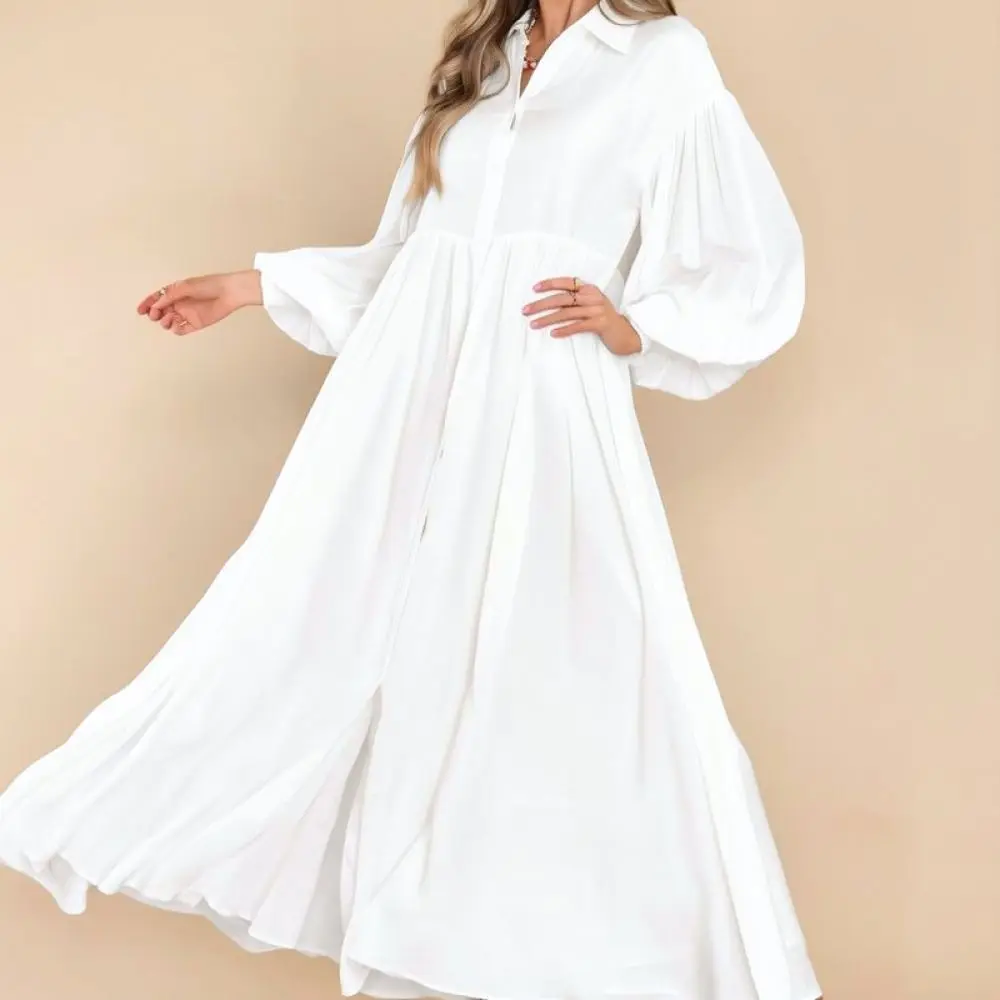 2026 New Women Dress Long Sleeve Pleated Maxi Lapel Button Down Solid Color Loose Casual Elegant Retro Style Vintage Wear
