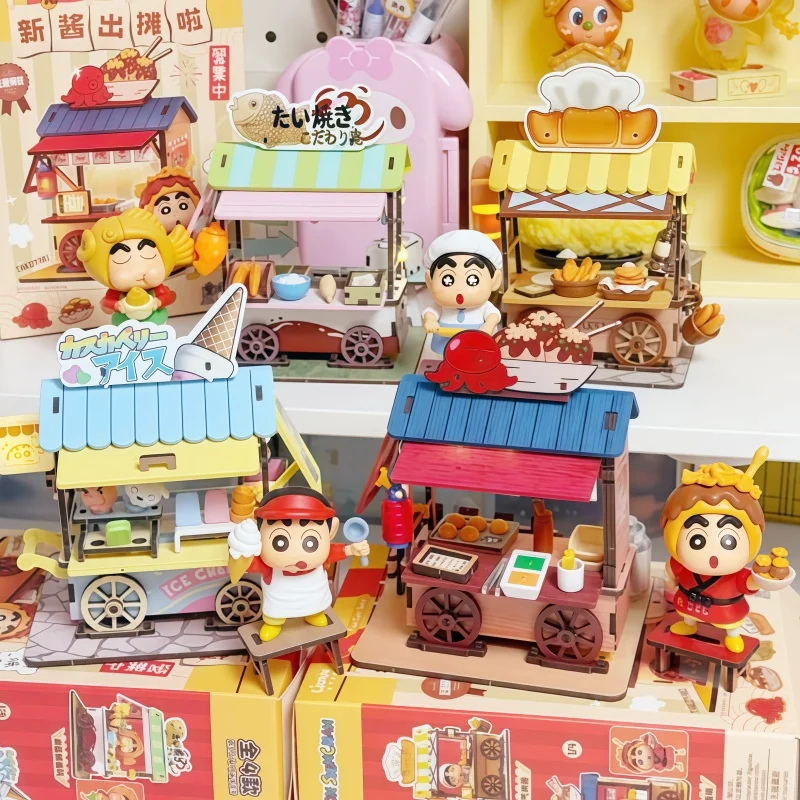 

Genuine Crayon Shin-Chan Luminous Cart Blind Box Need To Assemble Food Cart Series Desktop Ornament Micro Scene Toy Gift