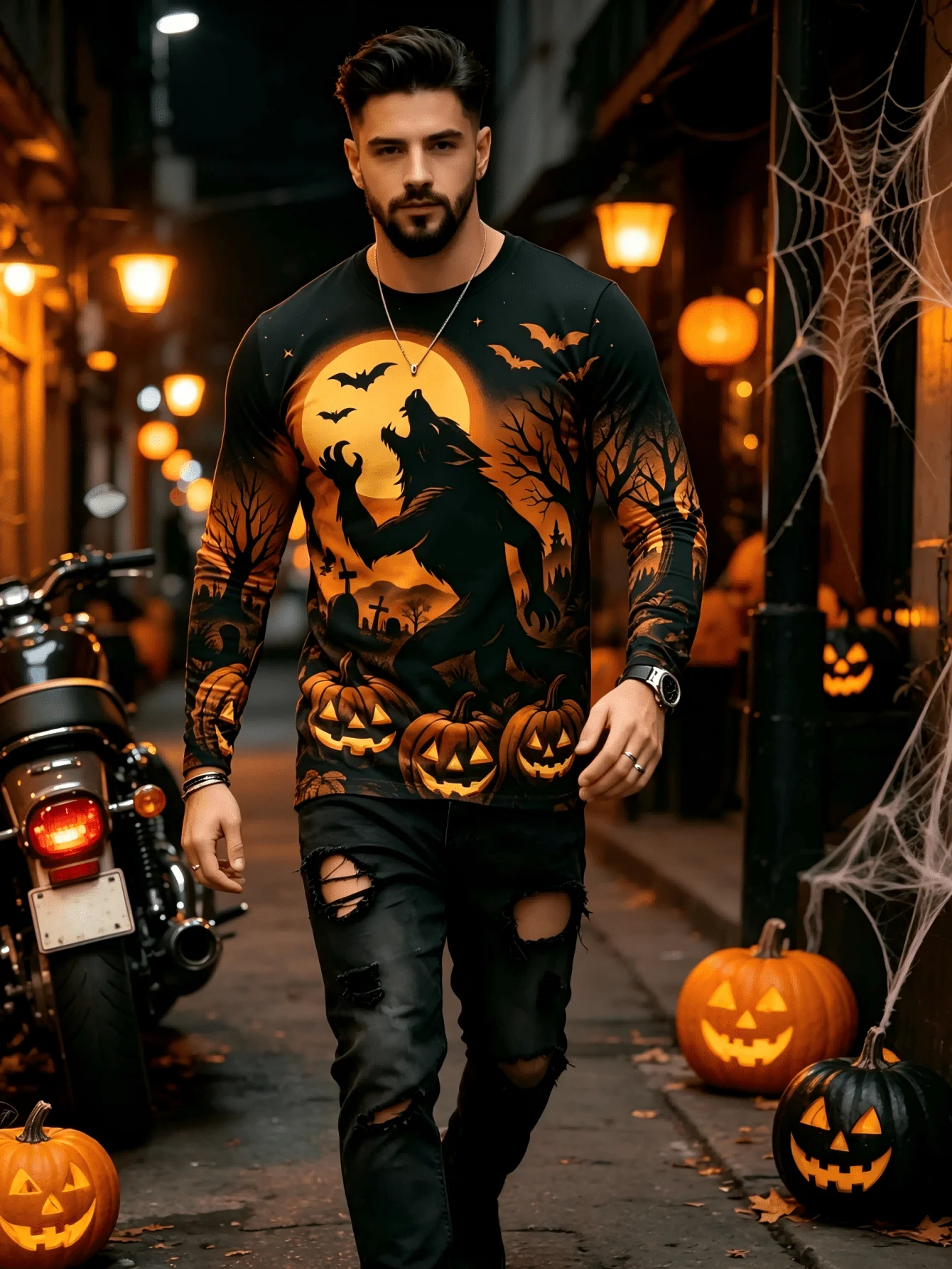 Men Long Sleeve T‑Shirt Werewolf Moon Bat Pumpkin Tomb Print Crew Neck Halloween Horror Casual Tops