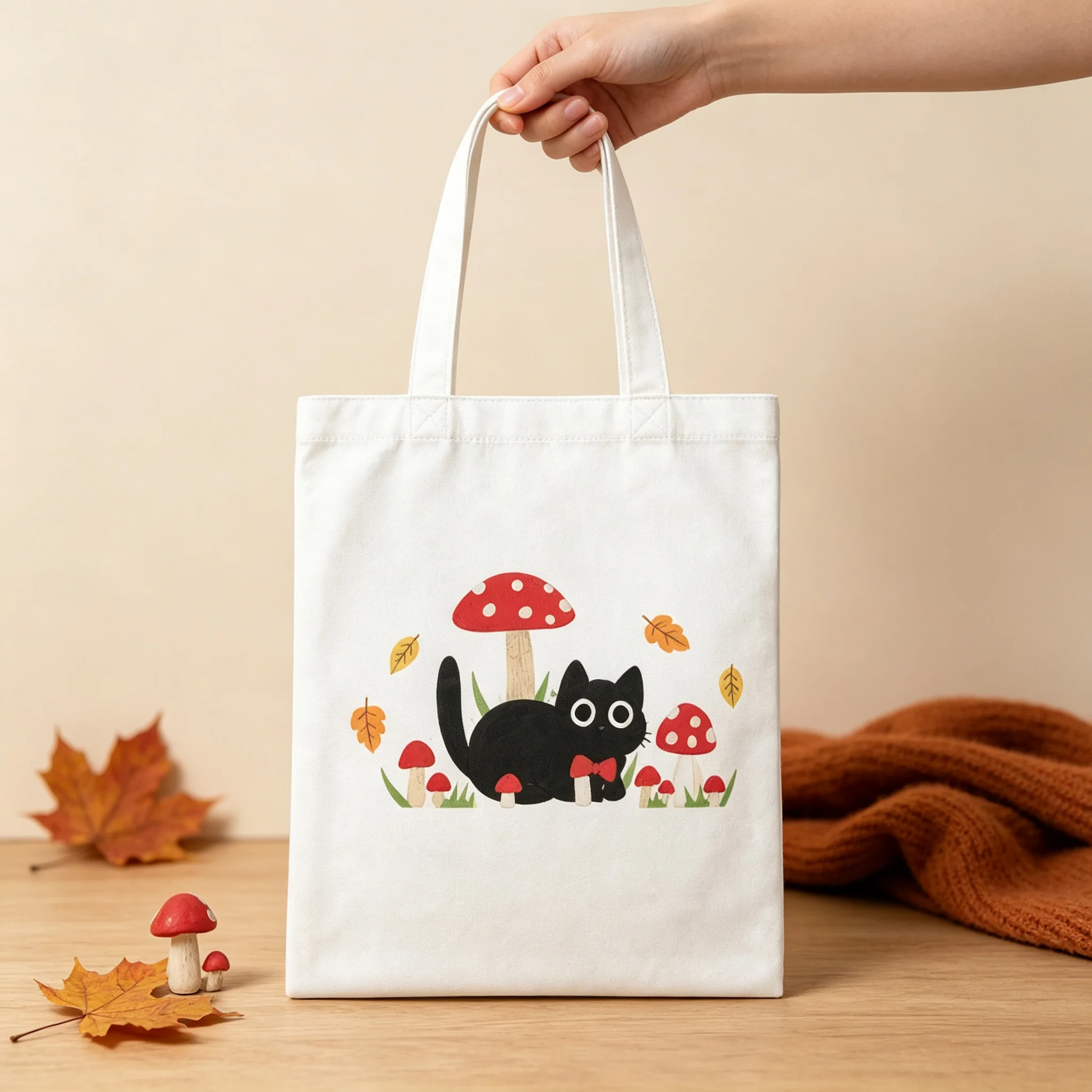 Cute Bow‑tie Black Cat Red Agaric Mushroom Autumn Leaves Cottagecore Canvas Tote Bag Reusable Cotton Shopping Shoulder Handbag