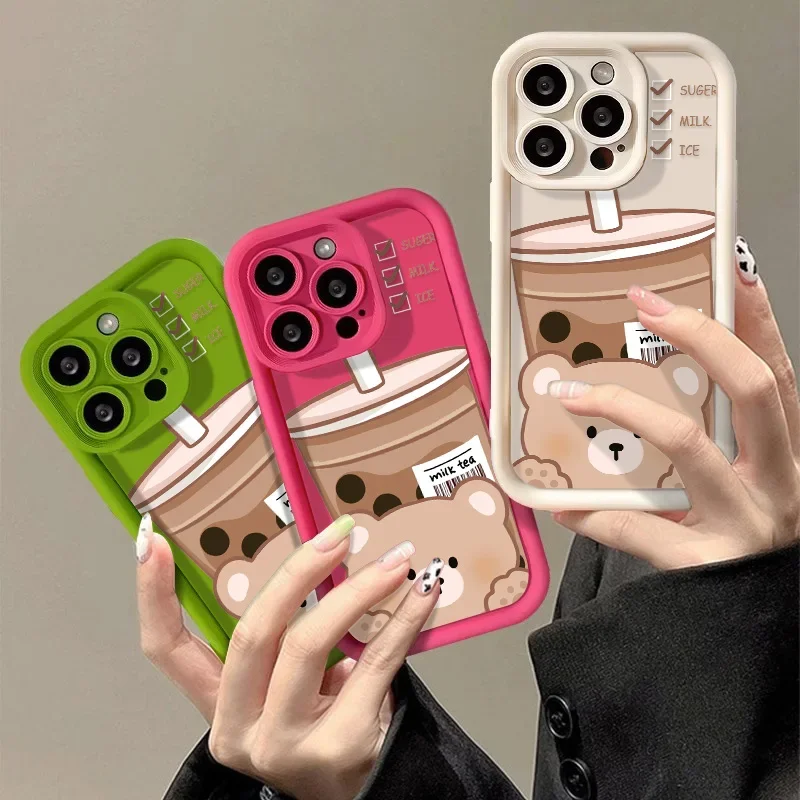 Bonita funda de teléfono para iPhone 15, 14, 13, 12, 11 Pro Max, XR, XS, X, 7, 8, 15 Plus, SE SE3, funda de oso de dibujos animados a prueba de