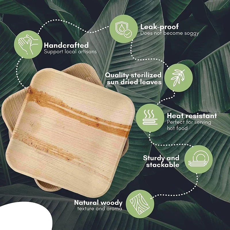 25PCS Disposable Palm Leaf Plate Square Dessert Plates Eco-friendly Dinnerware Bamboo Like Plates Camping Wedding Party Birthday