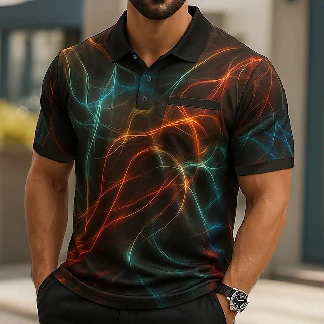 Multiple Color Options Men Aurora Light Swirl Full Printed Fake Pocket Polo Shirts Street Casual Social Gathering Outfit T Shirt