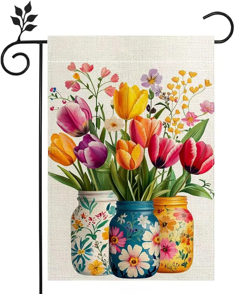 Spring Tulip Floral Mason Jar Garden Flag, Flower Welcome Yard Outdoor Flag Double Sided 12x18 Inch ZZM