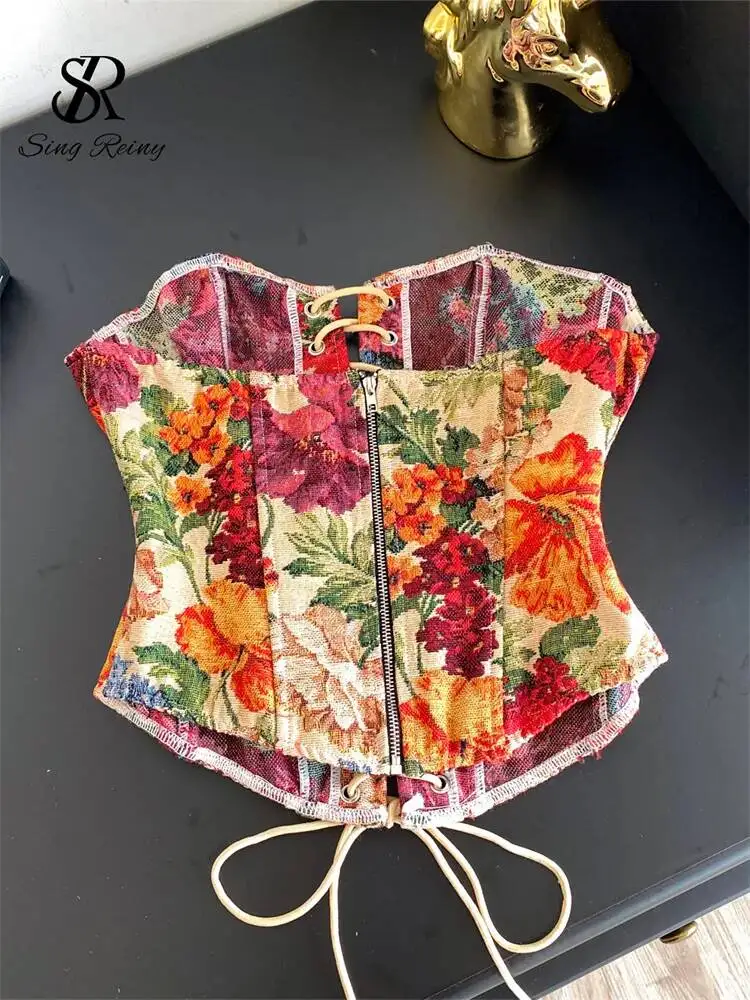 Strapless Embroidery Corset Top Ladies Bodycon Zipper Lace Up Backless Tank Tops Summer Bohemian Floral Vacation Camis