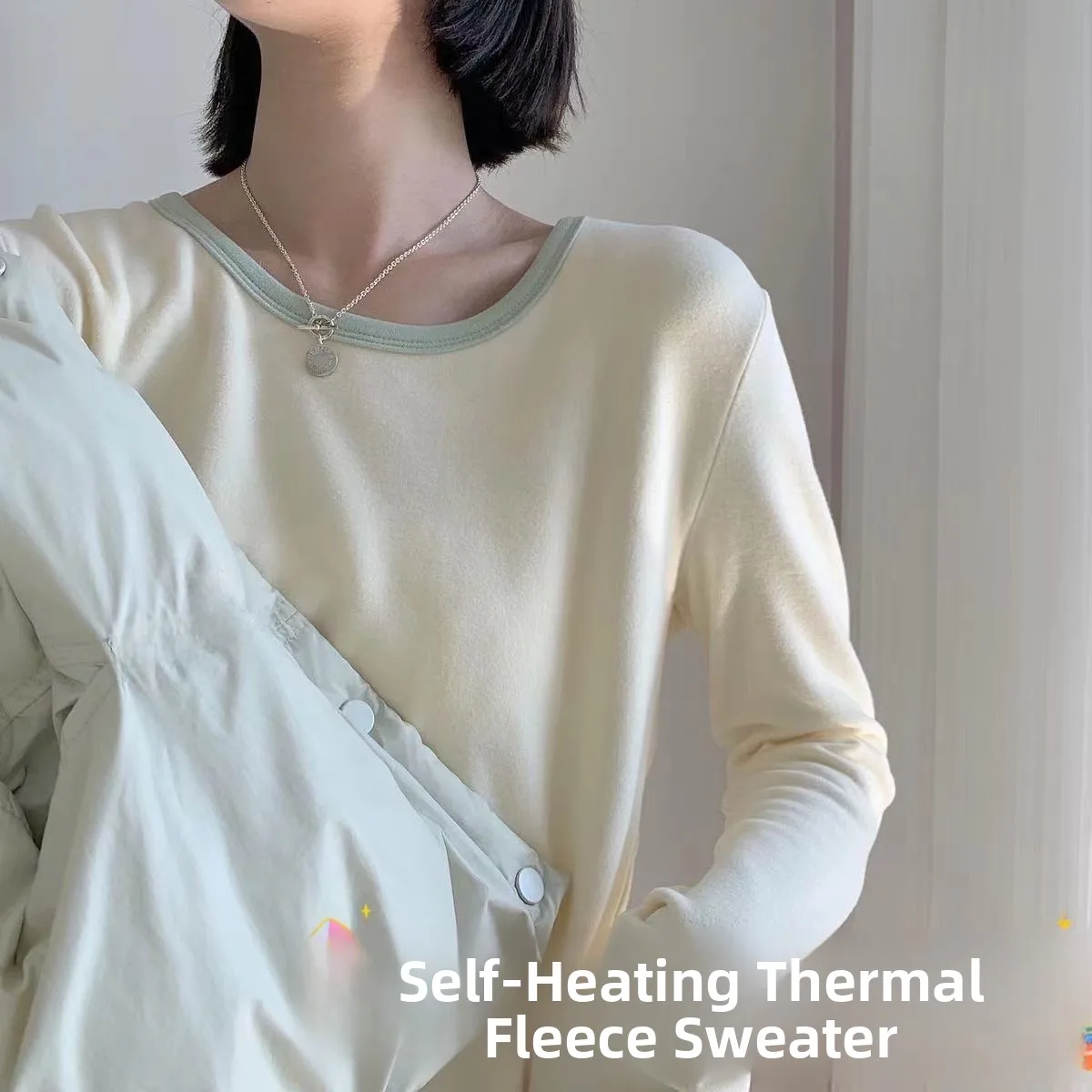 Self-Heating Double-Sided Velvet Thick Long Sleeve round Neck T-Shirt Women's Autumn Winter Slim Fit Cream Color Block Base S...