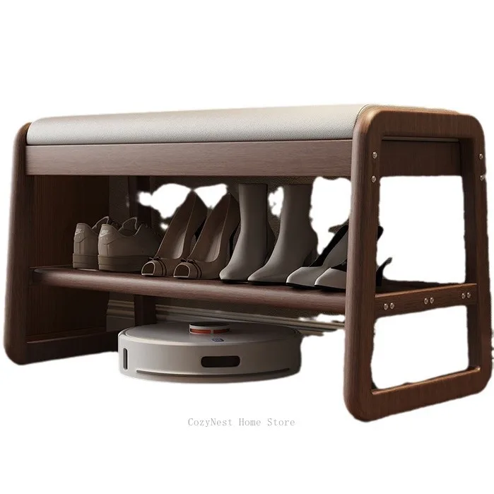 Solid Wood Shoe Stool with Cushion, Entryway Shoe Cabinet Combo, Multi-Tier Hallway Storage Rack
