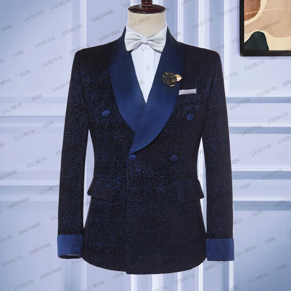 

2023 New Men Suits Navy Blue Jacquard With Satin Shawl Lapel Blazer Custom Made Double Breasted Tuxedos Wedding Male Jacket Coat