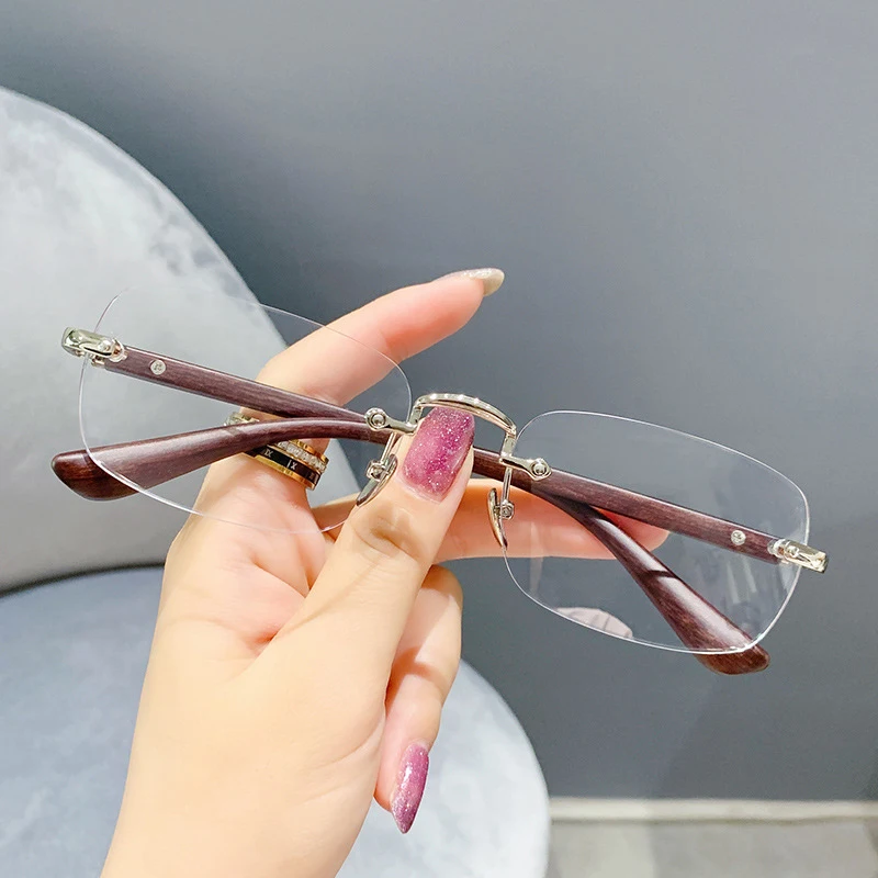 Rimless Finished Myopia Glasses Retro Anti-blue Light Myopic Eyeglasses Women Men Unisex Wood Grain Frame Diopter 0 -1.0 To -4.0