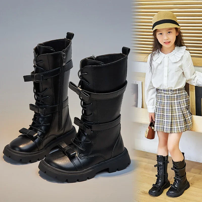 Girls High Boots 2023 Winter Korean Style Britain Style Children Long Boots for Catwalk Bow Solid Color Kids Princess Shoes PU